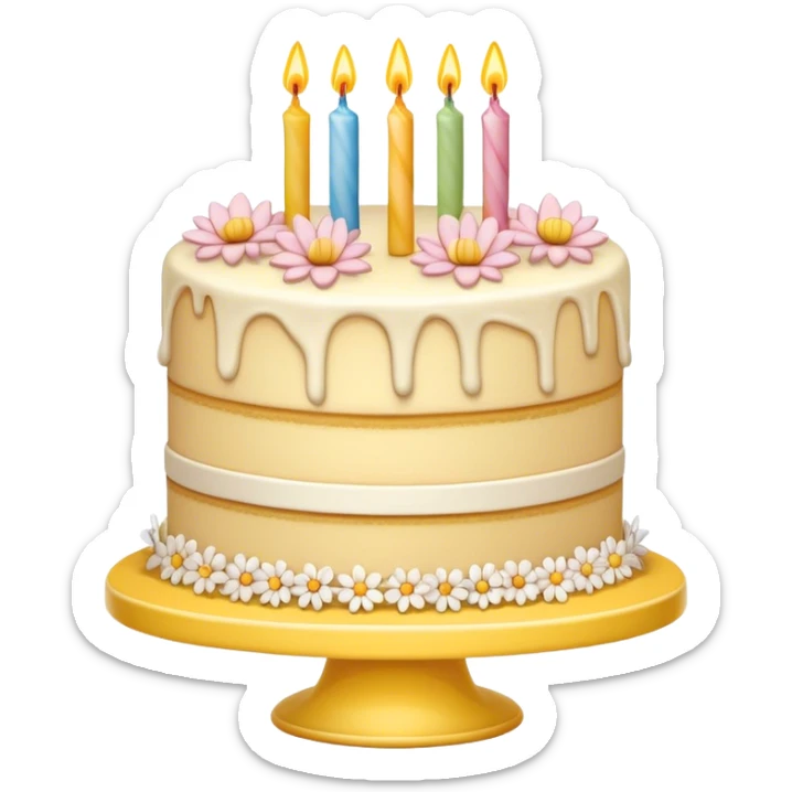  beige and white vanilla birthday cake with flowers, on a yellow cake stand sticker