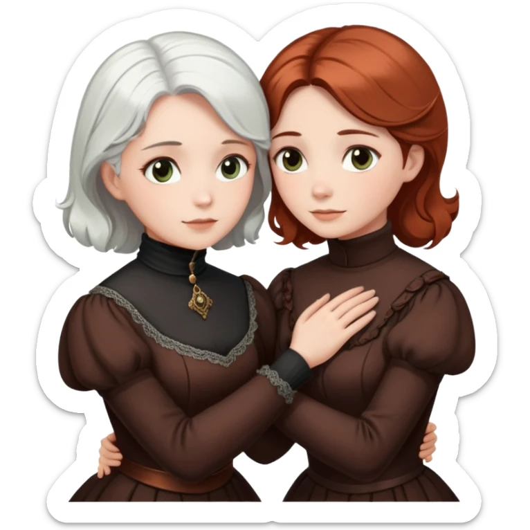 Two Victorian women with light eyes, one with white hair and one with dark copper hair, wearing Victorian turtleneck dresses, hugging each other closely sticker