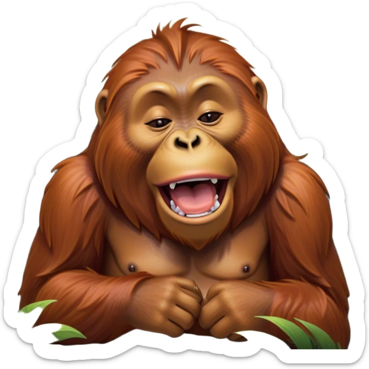 Cinematic Cute Yawning Orangutan Portrait Emoji, Head tilted slightly with a dramatic, wide-open yawn, showcasing a richly textured face with half-closed, sleepy eyes and a relaxed, open expression, Simplified yet irresistibly adorable features, highly detailed, glowing with a soft, cozy jungle glow, high shine, relaxed yet expressive, stylized with a dash of whimsical charm, soft glowing outline, capturing the essence of a drowsy yet affectionate guardian that appears ready to stretch out for a nap! sticker