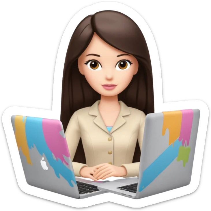 Barbie girl with a long straight dark brown hair inside a pale beige clothes working MacBook  sticker
