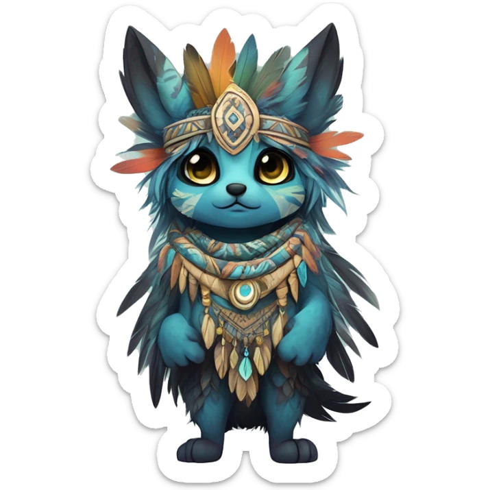 cute cool edgy ethereal shy epic tribal fantasy animal fursona Fionbri creature by griffsnuff & LiLaiRa & Falvie with exotic colors with intricate patterns and feathers and headdress and necklace full body sticker