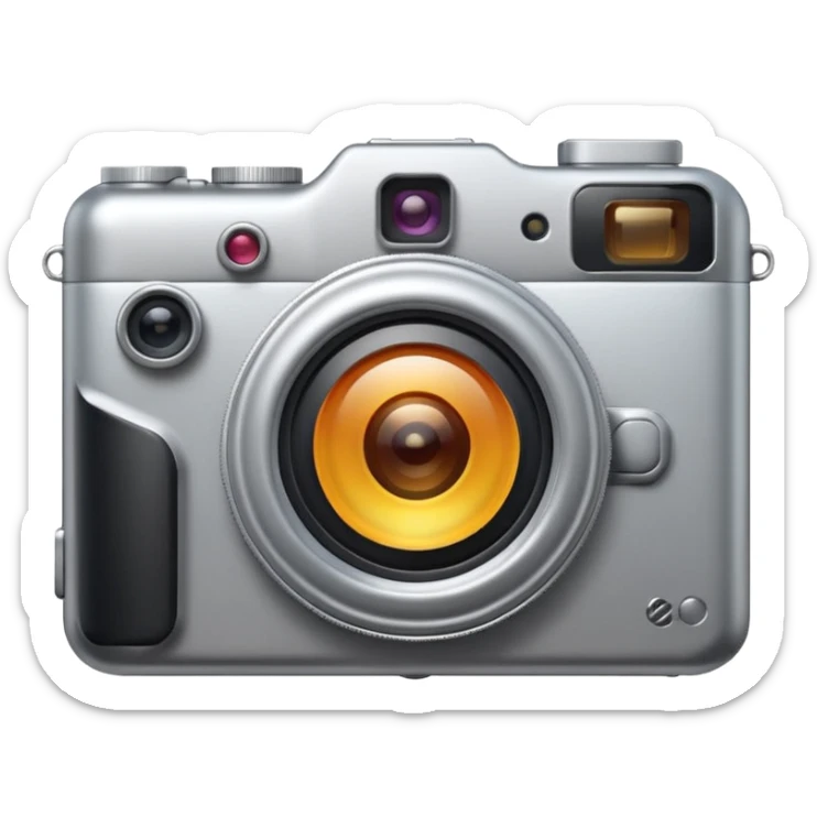 Minimal emoji icon of a modern metalic camera, front view, simple shapes, realistic lens,  sticker
