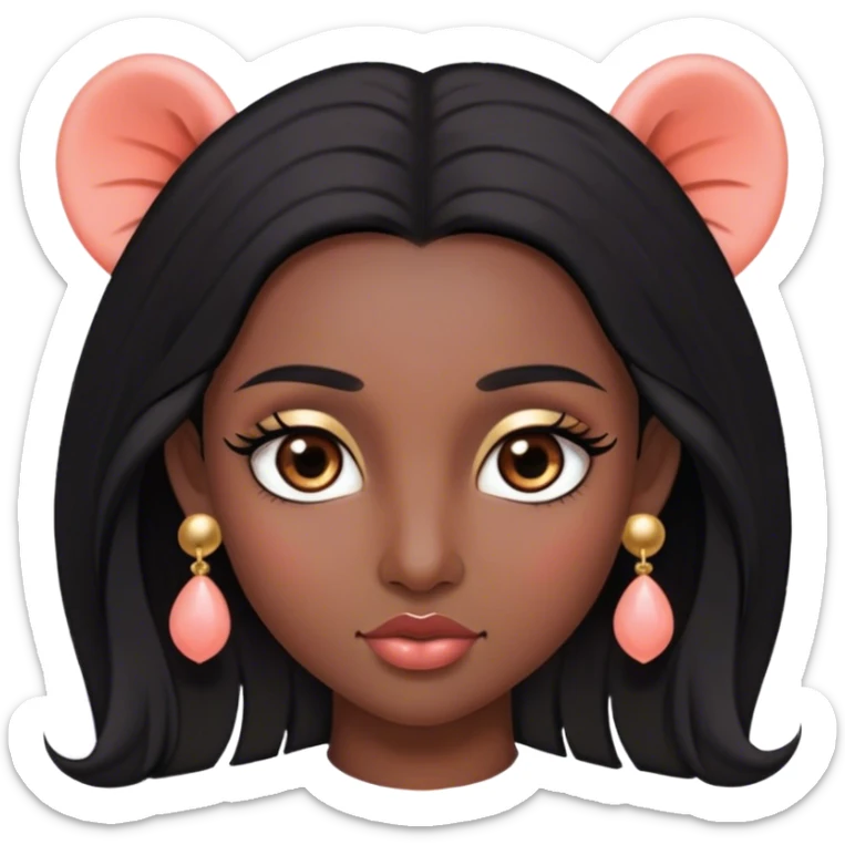 Pelo negro largo lacio hacia el frente,tes morena oscura, cejas pronunciadas, ojos grandes con pestañas largas color marrón oscuro los ojos, nariz pequeña, labios grandes con arco de cupido color coral claro, orejas pequeñas y con pantallas pequeñas de bolita color oro sticker