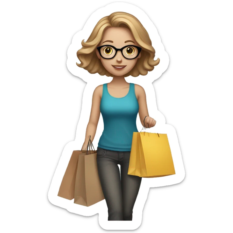 white girl with light brown hair and glasses. she has shopping bags in her hand. sticker