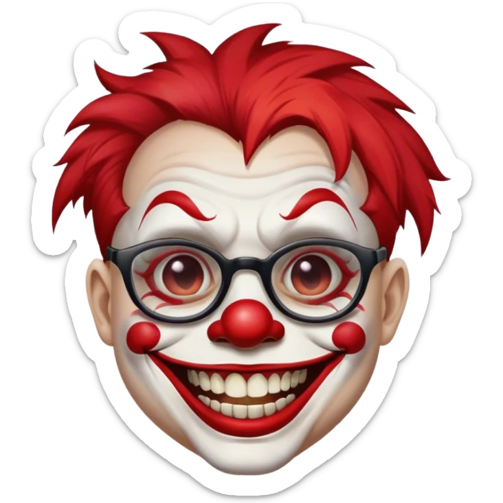 curious boy with glasses wearing juggalo clown face paint, with a huge smile showing his broken front teeth sticker