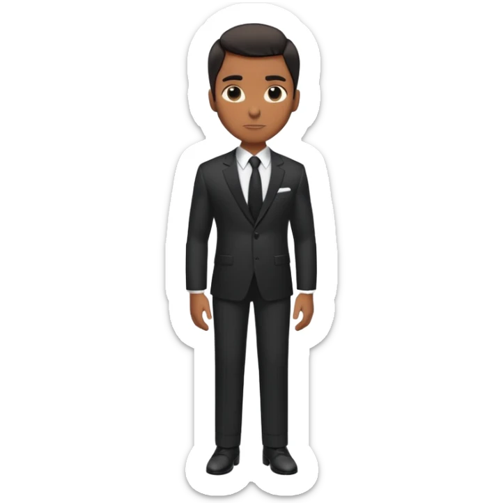 A full-body digital illustration of a Black man standing confidently in a well-fitted dark suit, white dress shirt, and black tie. He has short, neatly groomed hair and a professional yet approachable expression.  sticker