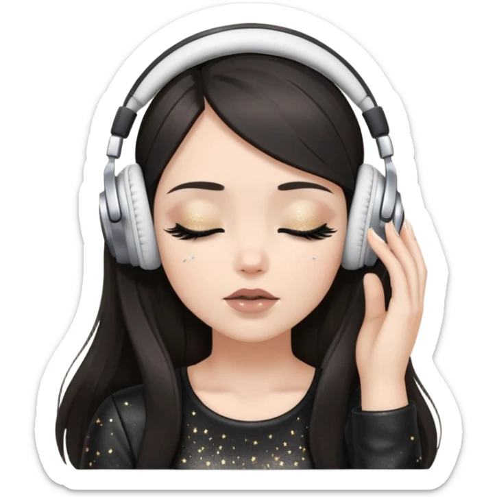 Girl with long dark hair, fair skin tone, wearing a black leather top, has glitter on her eyelids, and taupe lipstick, wearing white headphones, her hands are on her ears, and her eyes are close sticker