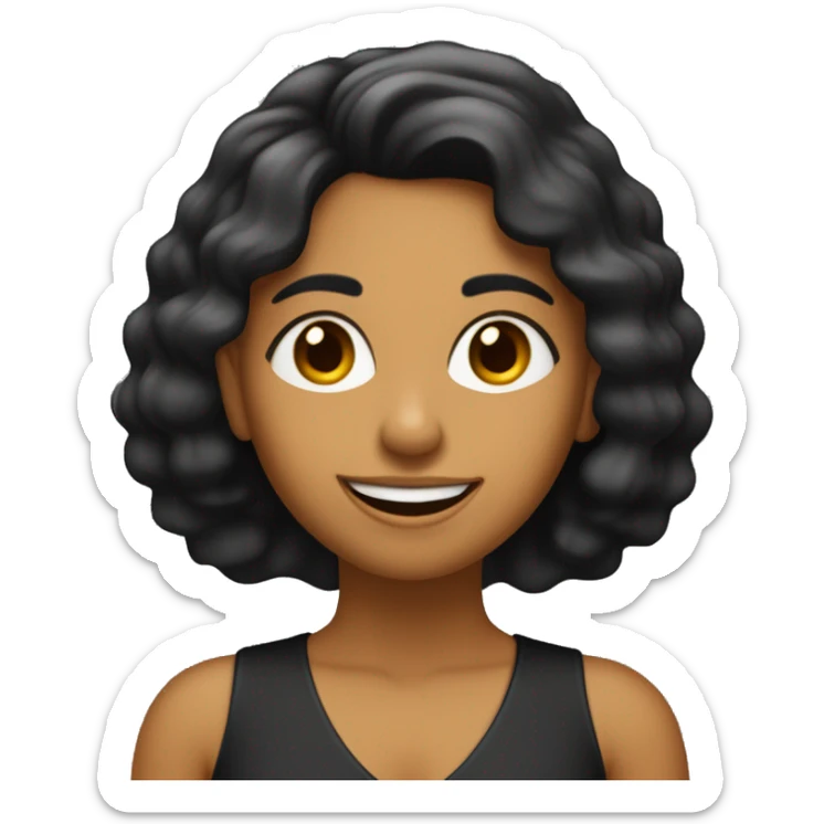 mujer de 29 años con cabello negro liso, peinado con partitura a la izquierda, nariz pequeña y respingada, con pecas, con sonrisa sticker