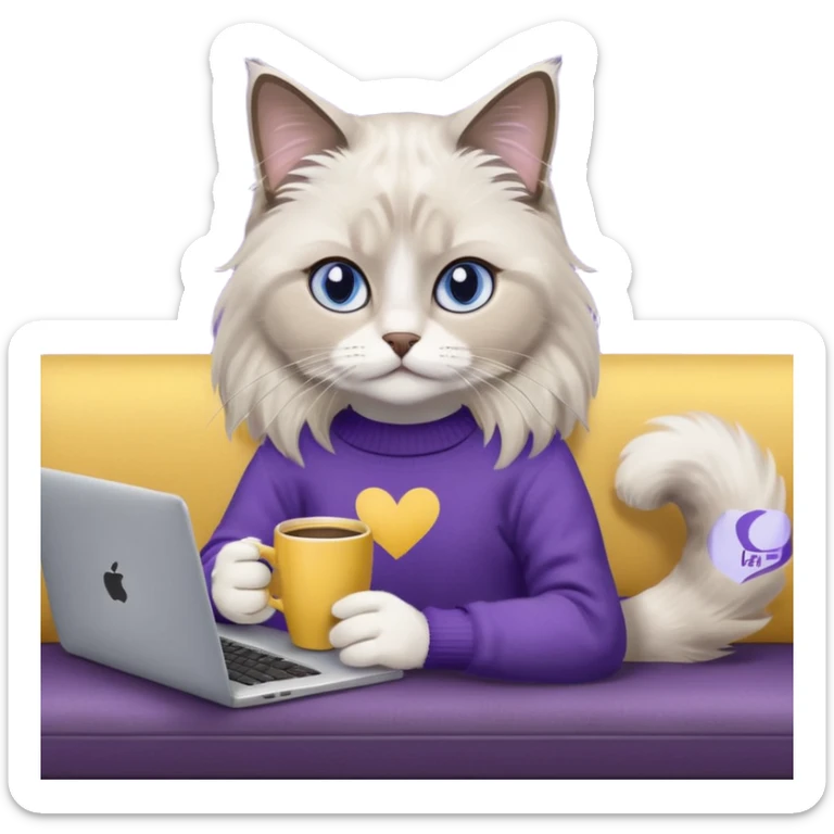 a cute blue eyed brown and white ragdoll cat with white paws and brown and beige tail wearing the dark violet sweater with yellow letteting "Milena" sitting on the grey sofa with grey laptop and drinking coffee sticker