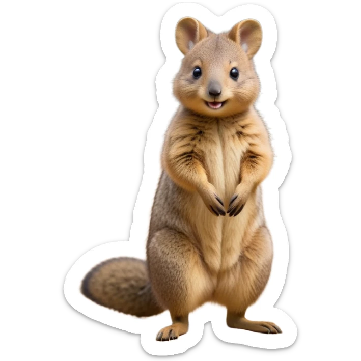 cinematic-quokka wallaby-realistic-full-body-standing on its hind legs hunched over-emoji,-small-round-frame-balanced-on-tiny-strong-hind-legs,giant fluffy cheeks large smile-fluffy-brown-fur-radiating-a-warm-softness,-big-round-eyes-filled-with-joy-and-innocence,-tiny-clawed-paws-held-close-to-chest,-cheerful-smile-exuding-endearing-happiness,-simplified-yet-realistic-focused-features,-highly-detailed,-glowing-with-a-sunny-warmth, skinny tail sticker