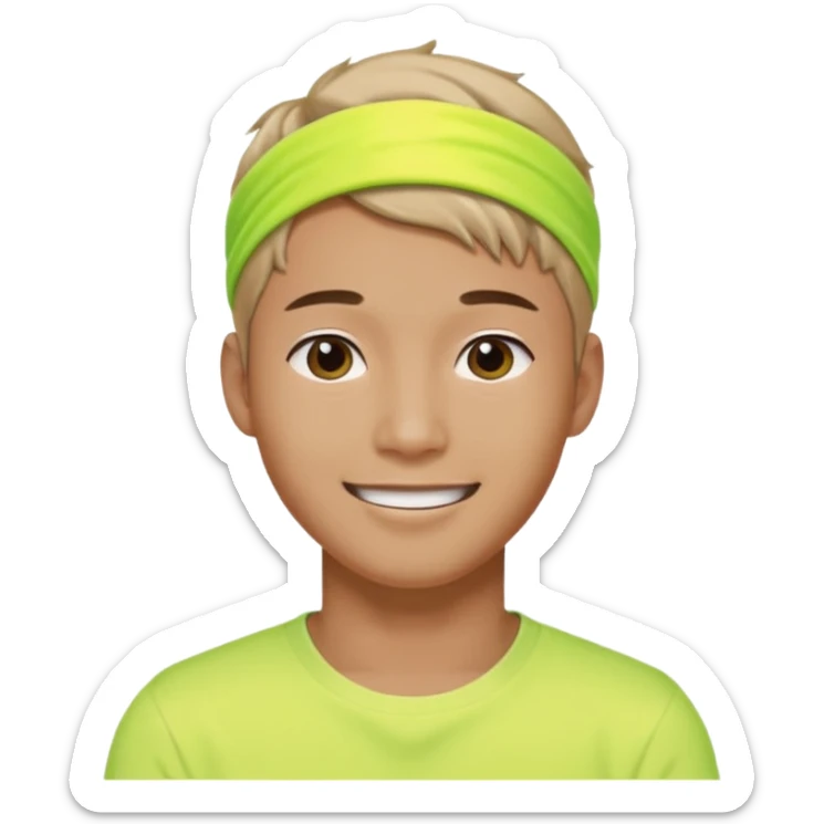 Korean 27-year-old male health coach / Wearing fluorescent colors / White face / Hairband / Smiling expression / Short hair / sticker