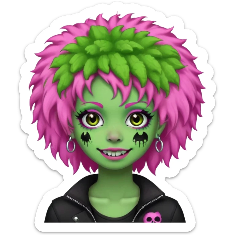girl, green zombie,pink afro, long, emo, shaggy, dark, spooky,double eyebrow dermal piercing, cute illuminous smile sticker