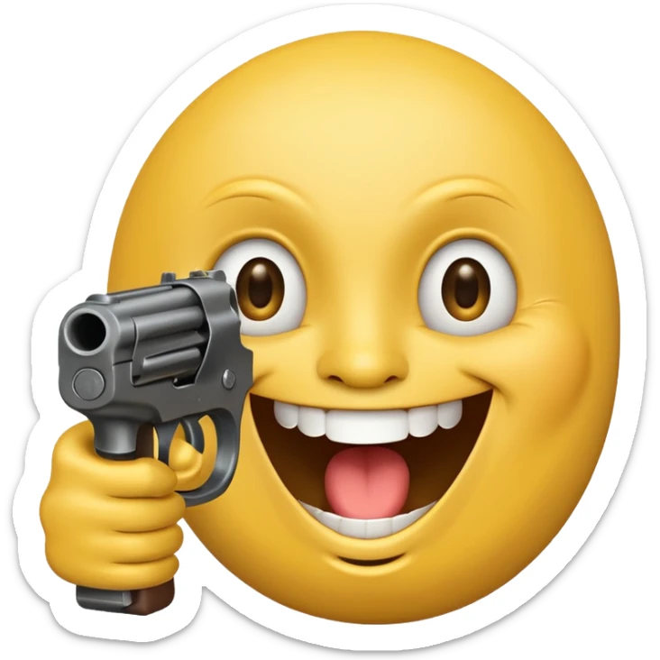 Yellow laughing face pointing gun at its own mount. The barrel of the gun is pointed towards the smile into the mouth sticker