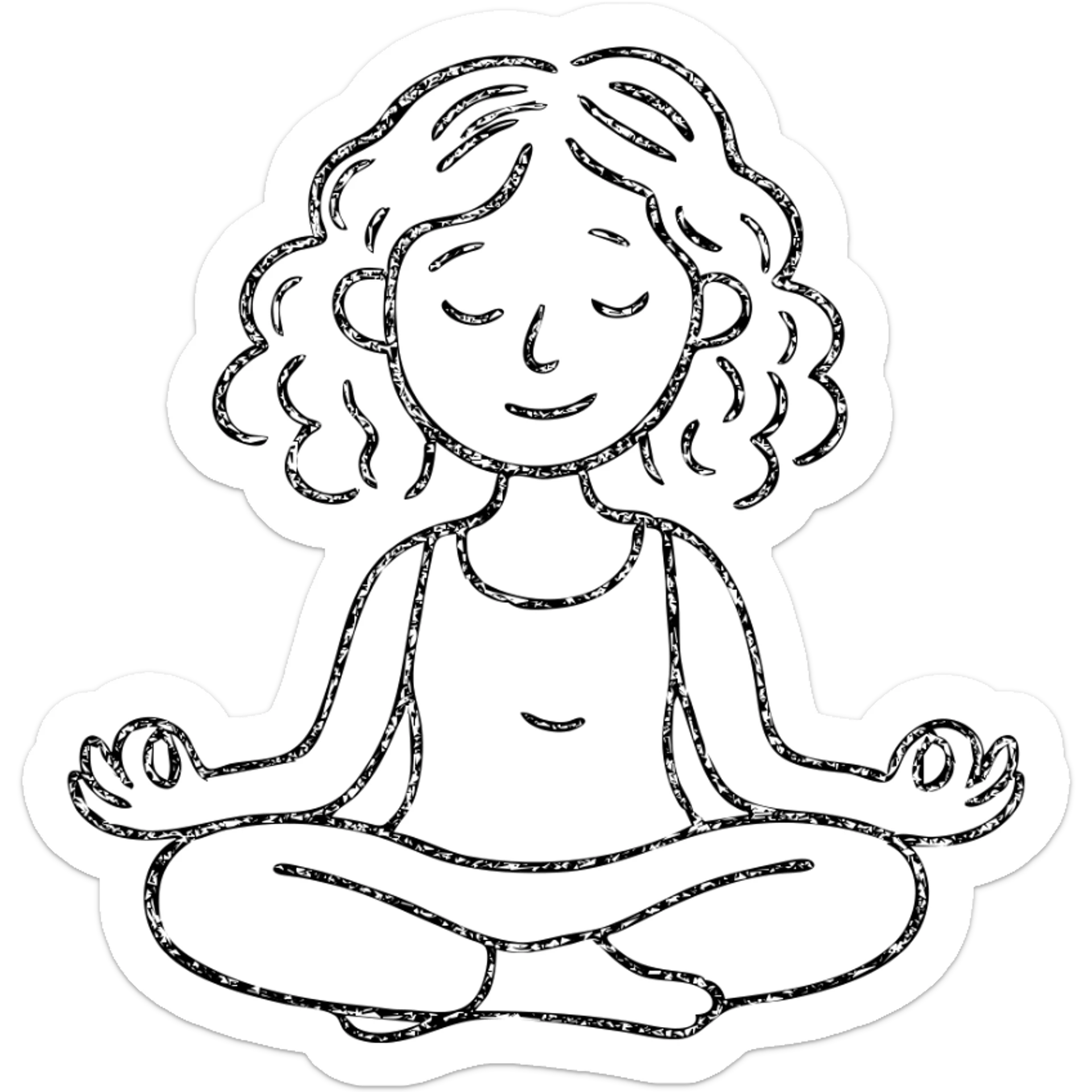 brunette girl with curly hair meditating, sitting cross-legged, hand drawn outlined icon sticker