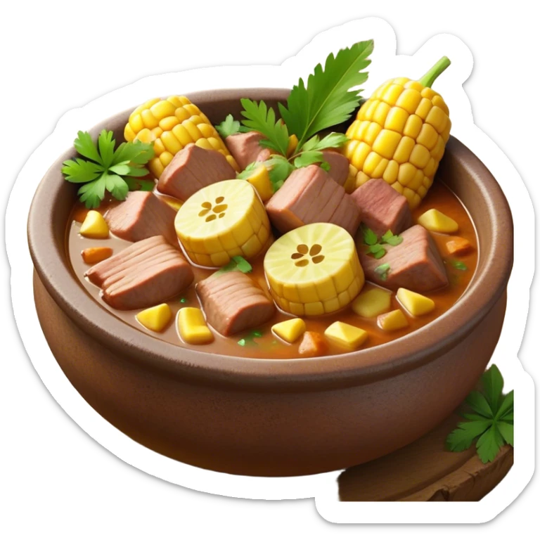 Cinematic Realistic Sancocho Antioqueño Emoji, depicting a hearty Colombian stew brimming with tender cuts of meat, yuca, plantains, corn on the cob, and potatoes in a rich, flavorful broth. Served in a rustic clay bowl with fresh cilantro and lime on the side, rendered with warm, inviting textures and homely, comforting lighting. sticker