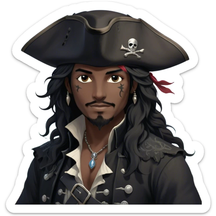A charismatic pirate with wavy black hair that falls just past his shoulders, tousled slightly by the sea breeze. He wears a black tricorn hat with subtle silver embroidery along the edges, casting a shadow over his sharp, confident features. His piercing dark eyes glint with mischief as he gazes to the side, a knowing smile playing at his lips. His well-fitted black coat, adorned with polished silver buttons and intricate stitching, moves slightly with the wind, revealing glimpses of a deep-crimson waistcoat underneath. A silver chain dangles from his belt, catching the dim golden light of the setting sun. His posture is relaxed yet assured, exuding effortless charm as if he owns the sea itself. sticker