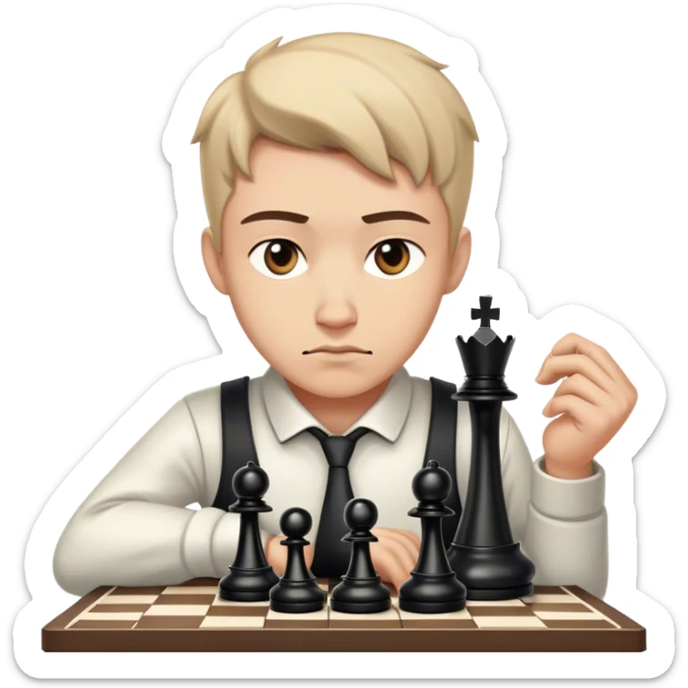🔹 Un jugador de ajedrez que mira a su oponente con una expresión neutral, mientras en su mente ya tiene listo el movimiento que le dará la victoria. El rival está concentrado en una amenaza falsa y no ve el verdadero ataque que se acerca. sticker
