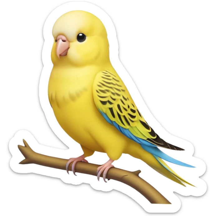 adorable-[budgie]-realistic-full-body-perched-emoji,-wings-tucked-neatly,-head-tilted-dramatically,-sleek-[yellow]-feathers,-simplified-yet-realistic-focused-features,-highly-detailed,-glowing-with-an-almost-sarcastic-glow sticker