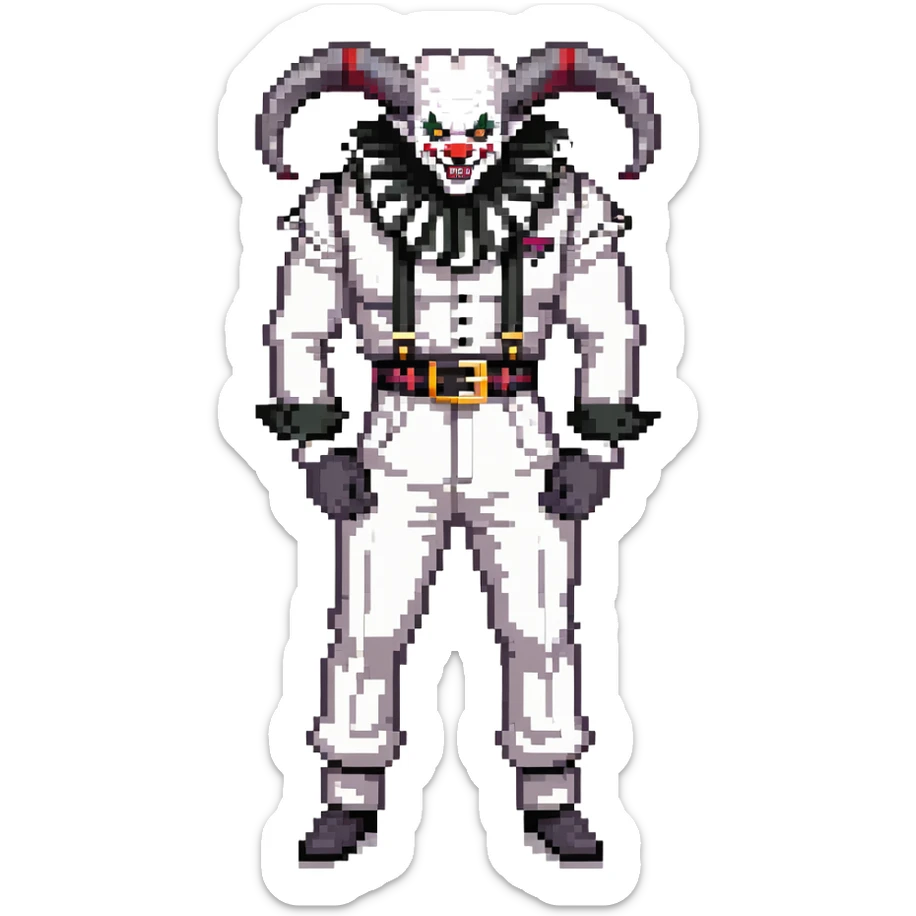 full-body muscular demonic clown in black and white leisure suit with bellbottom pants, bald, black ram horns, flashy black and white belt, ruffled white shirt, no neck tie, large fangs sticker
