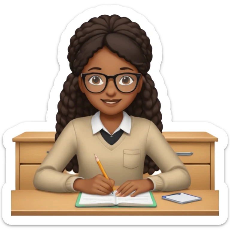 black girl emoji with glasses sitting at a school desk sticker