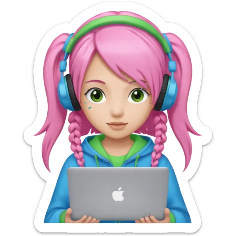 Create an emoji of a woman with long pink twin-tail hair. She is a game streamer, wearing green headphones, holding a MacBook, and dressed in a blue outfit. sticker
