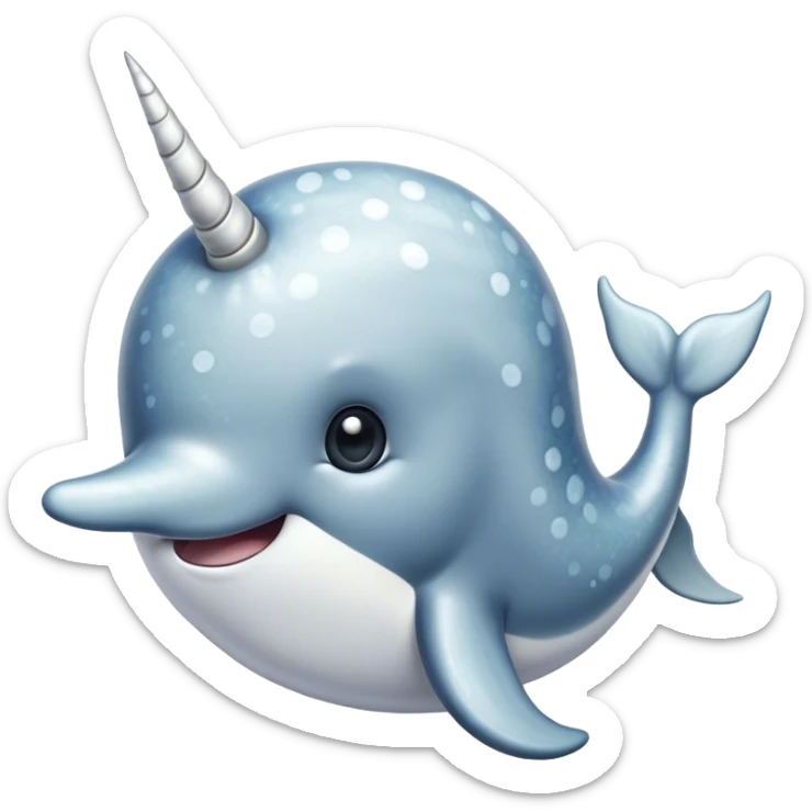 Cinematic Noble Cute Narwhal Portrait Emoji, Poised and graceful, with a streamlined, gently curved body clad in mottled, silvery-gray skin, accented by a long, spiraled ivory tusk and wide, expressive eyes radiating playful intelligence, Simplified yet sharp and sophisticated features, highly detailed, glowing with a cool, frosted ocean glow, high shine, intelligent and enigmatic, stylized with an air of whimsical marine majesty, focused and graceful, soft glowing outline, capturing the essence of a watchful and confident cute narwhal that appears ready to glide out of the screen with effortless charm! sticker