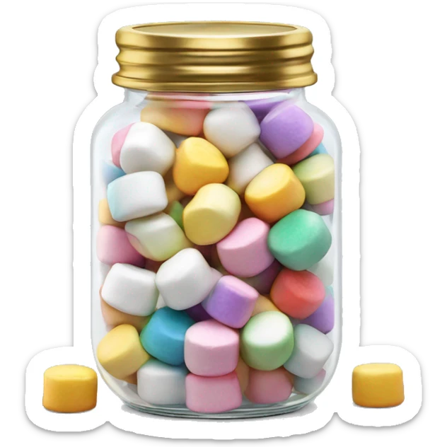 Realistic colorful marshmallows in a glass jar with a gold screw on lid on the top. sticker