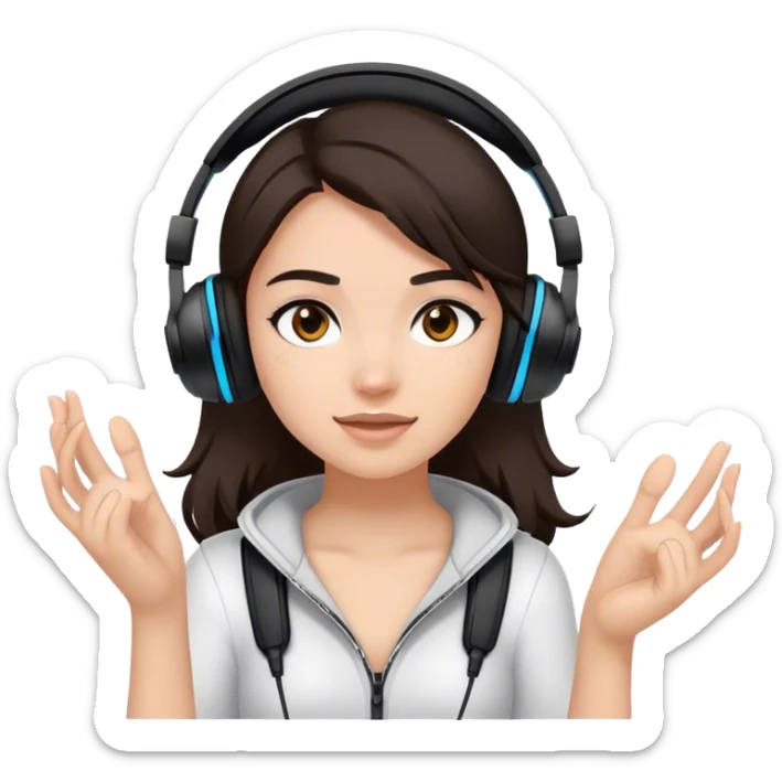 girl with dark brown hair and a black gaming headset. put a foot with a toe near her face sticker