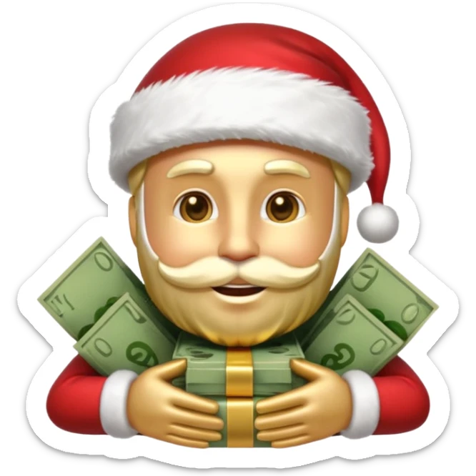 A confident rich emoji face wearing a Santa hat, money stacks, casino vibe, New Year theme, premium 3D emoji style, sharp details, no text, isolated on transparent background sticker