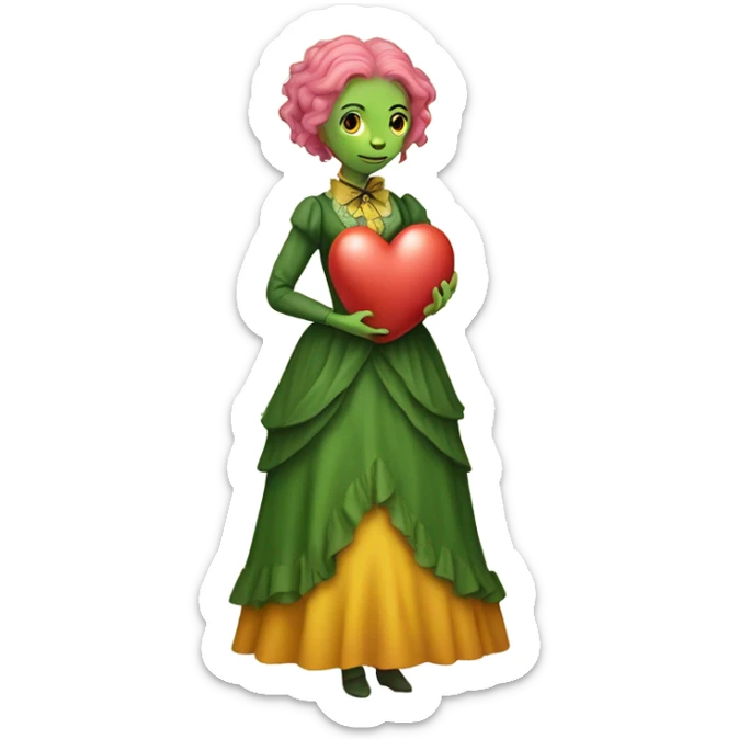 a green reptilian woman in Victorian orange and jellow dress, pink hair,holdig, red big hearth, full body sticker