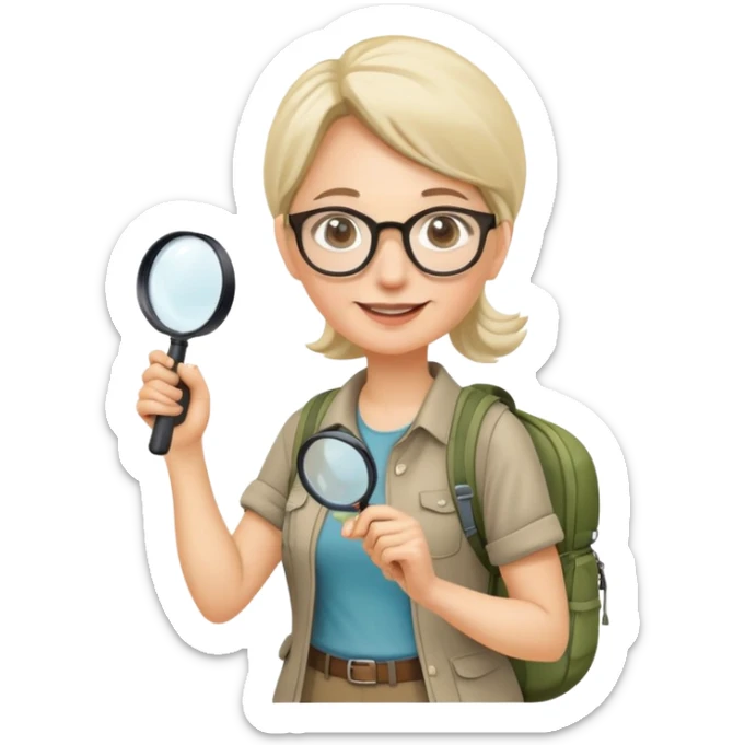 Happy woman hiker in her 40s with glasses and backpack, holding exactly one magnifying glass in one hand only sticker