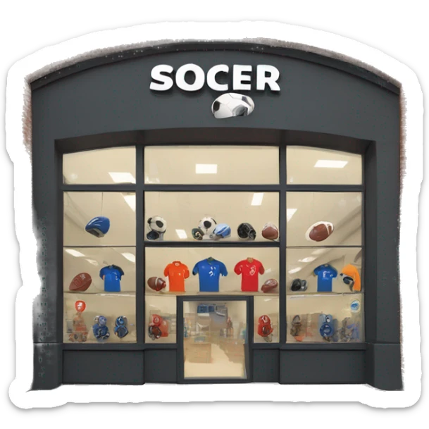 “Soccer store exterior with bold signage, large windows showcasing football gear, jerseys, and accessories, and a dynamic, athletic design reflecting the energy of the sport.” sticker