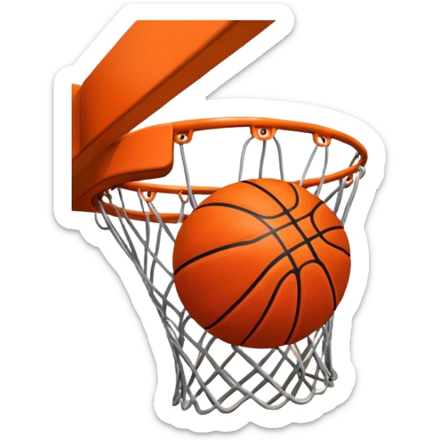 A close-up shot of a basketball entering the hoop, with the ball swishing through and inside  the net. The background features a blurred basketball court, emphasizing the perfect shot and the excitement of the game. sticker