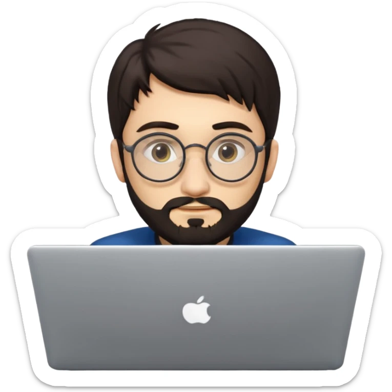 23 year old Azerbaijani man with very dark brown hair and beard with glasses and laptop , light yellow skin face, not European, glasses like a harry potter sticker
