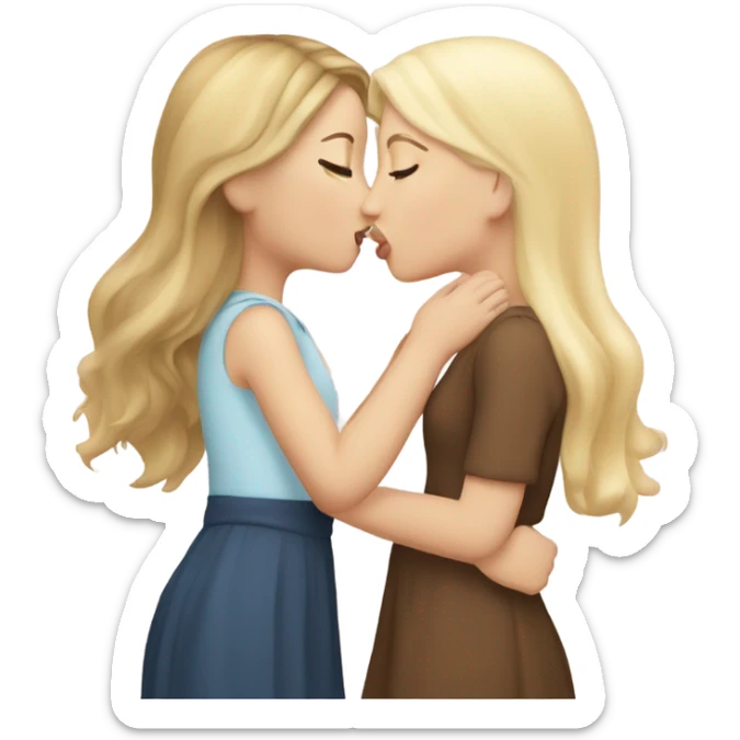 A girl kisses another girl on the cheek, both blush. One has white skin and blonde hair, and the other has white skin and brown hair. sticker