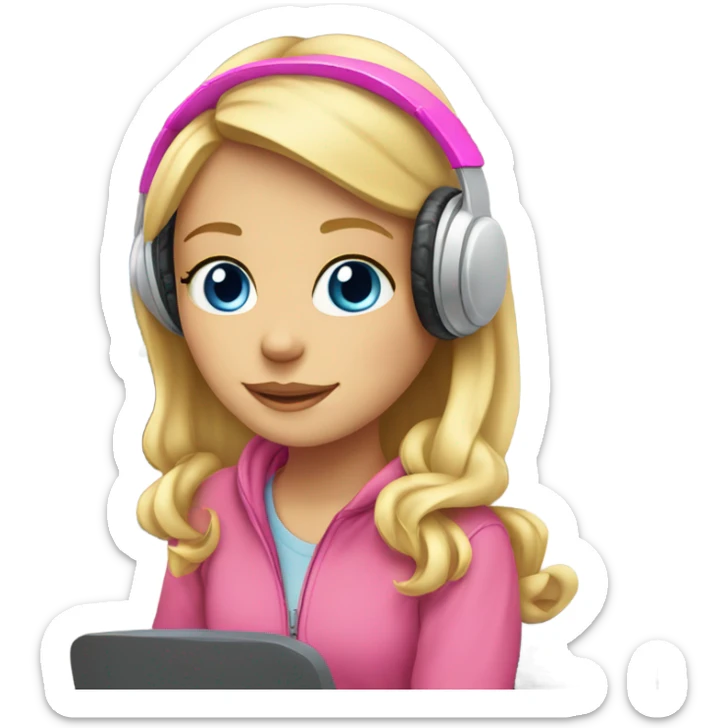 blonde hair blue eyed girl pink headphones and computer sticker