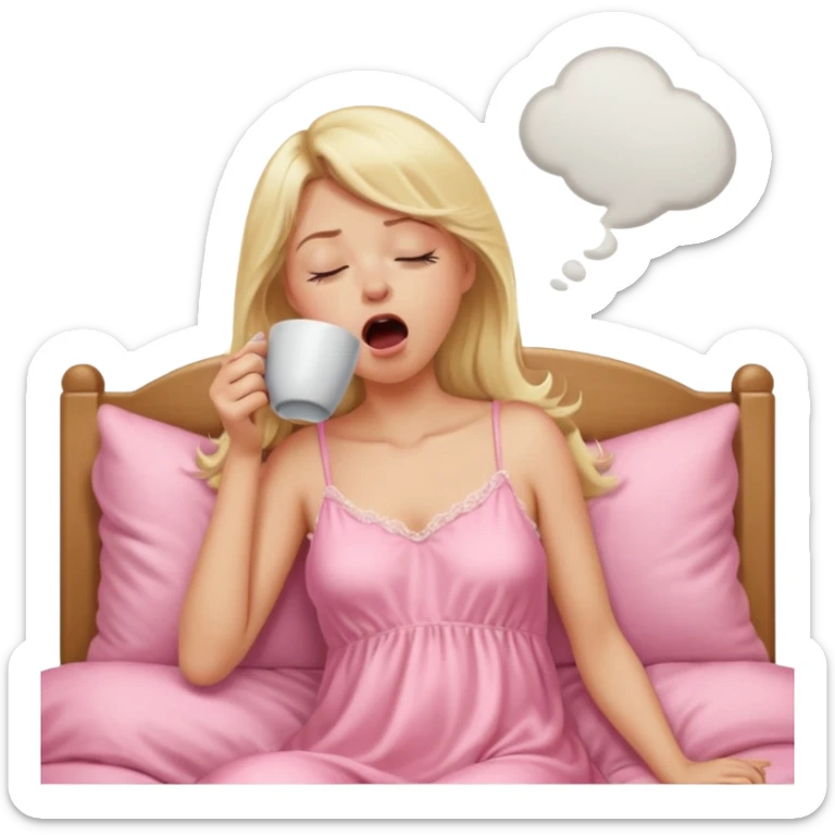 A blonde woman in a pink nightgown yawns, looking sleepy with dark circles under her eyes, drinking coffee, looking like she just woke up sticker