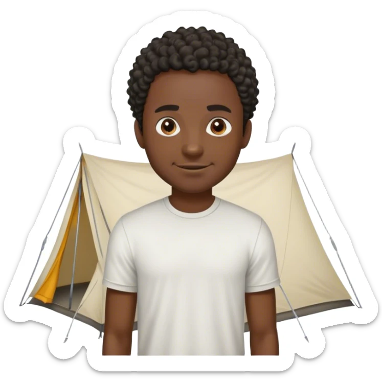 dark skinned black man wearing a t shirt with short curly hair standing next to a tent looking at the tent with an evil smile on his face sticker