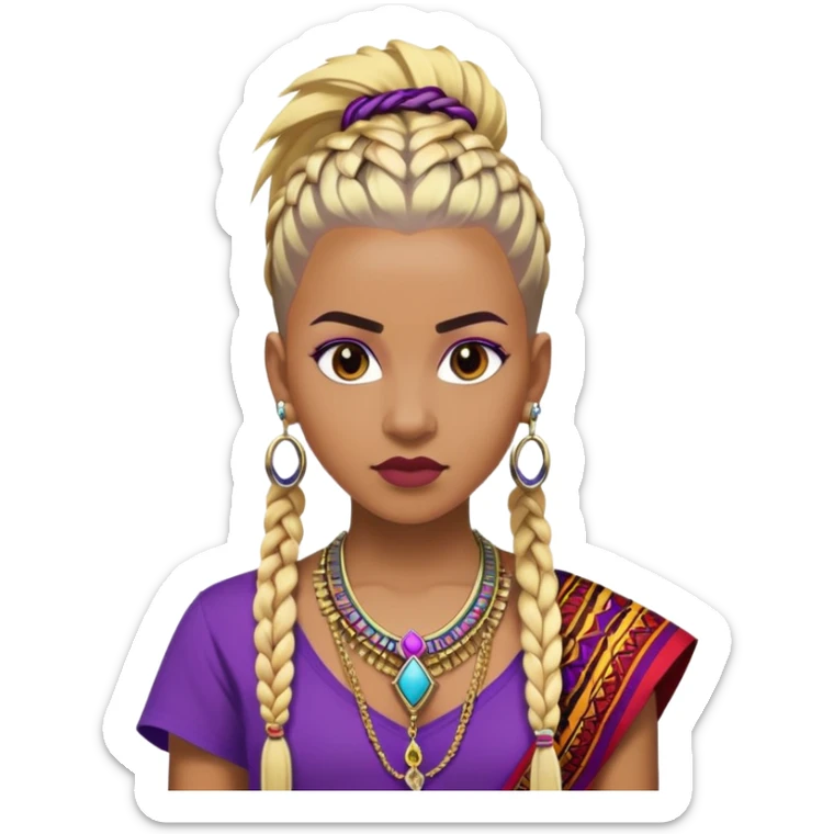 Brown skinned woman who is 5ft 6in with a blonde and black mohawk of individual braids, with shaved sides wearing a purple,  gold and red dashiki wearing royalty jewelry sticker