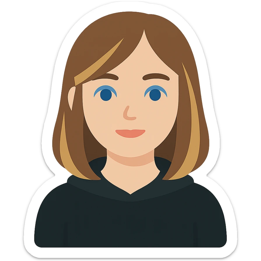 designer girl with blue eyes, shoulder-length brown hair with blonde highlights, wearing a black hoodie sticker