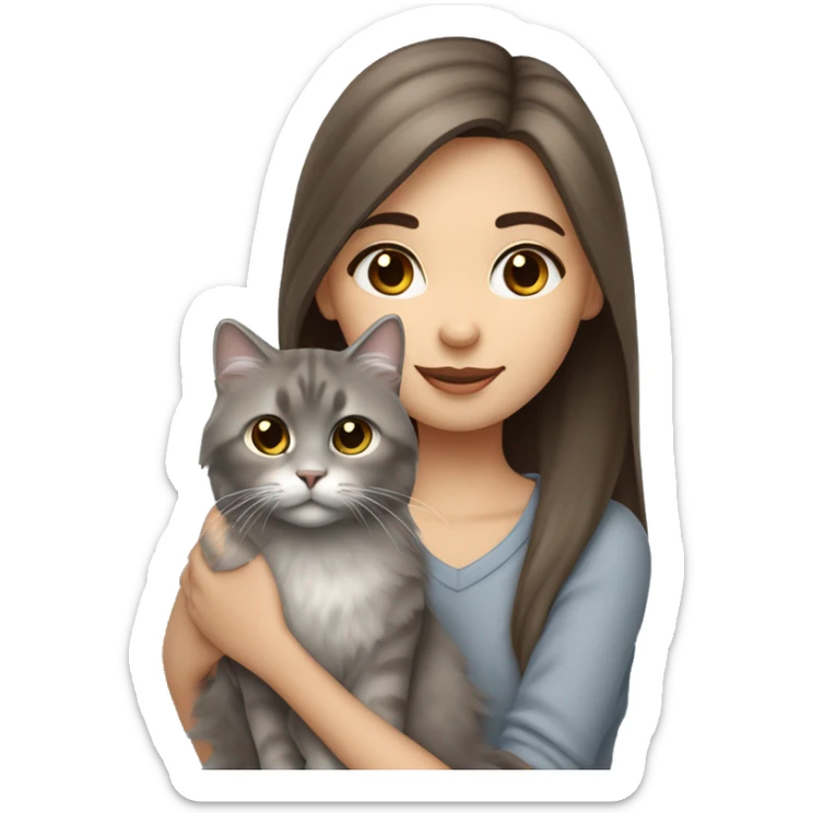 Brown straight hair girl with gray eyes holding fluffy Siberian gray cat  sticker