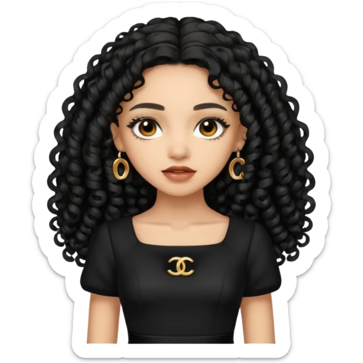 Light skin girl with black very long curly hair, brown eyes, black Chanel dress sticker