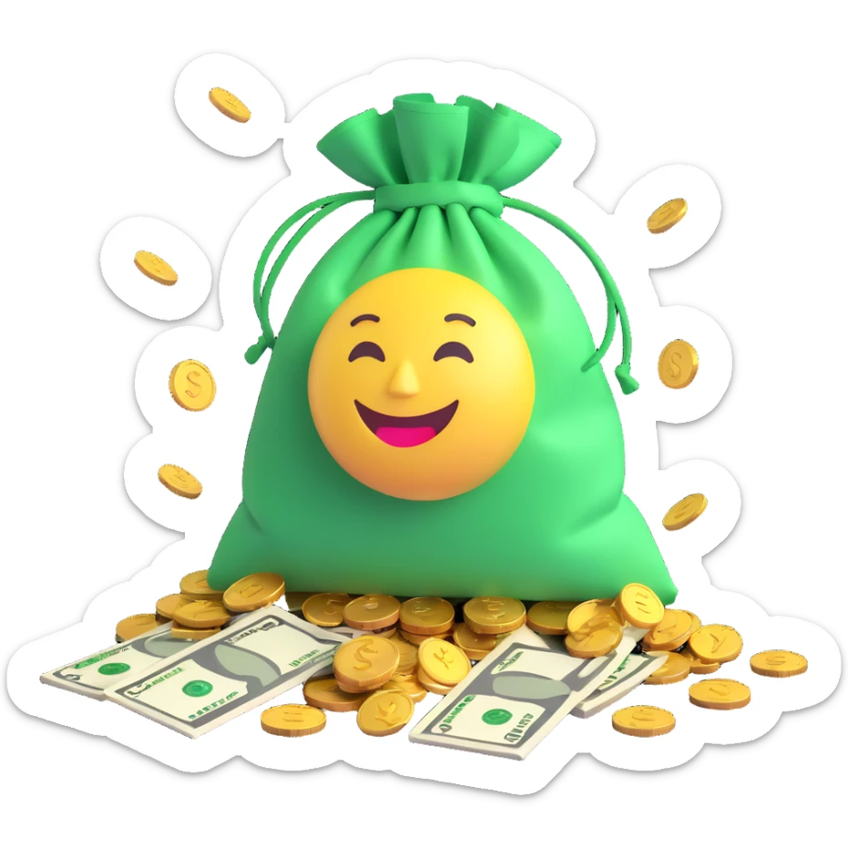 playful emoji style bag of money with green bills and gold coins spilling out sticker