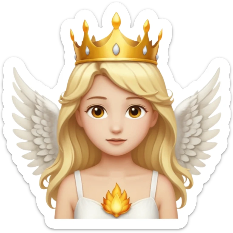 Emoji-style angel: blonde hair, golden flame-like crown, golden halo, large detailed white wings, white dress, soft cute emoji aesthetic. sticker
