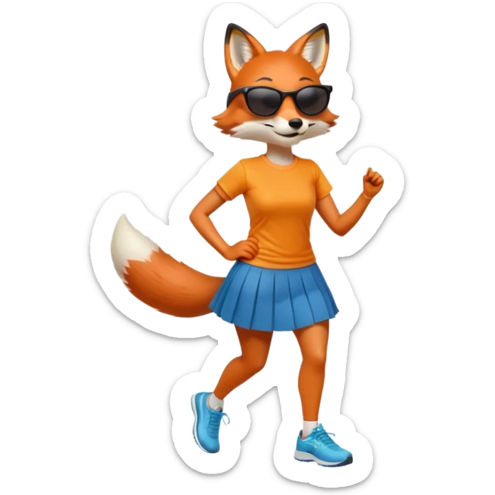 friendly anthropomorphised female fox in skirt and t-shirt, wearing dark sunglasses, jogging upright in standard pose sticker