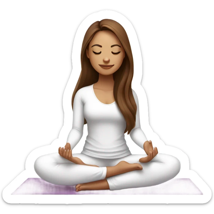 brown long hair and closed eyes yoga beautiful girl in white clothes sitting on a yoga mat sticker