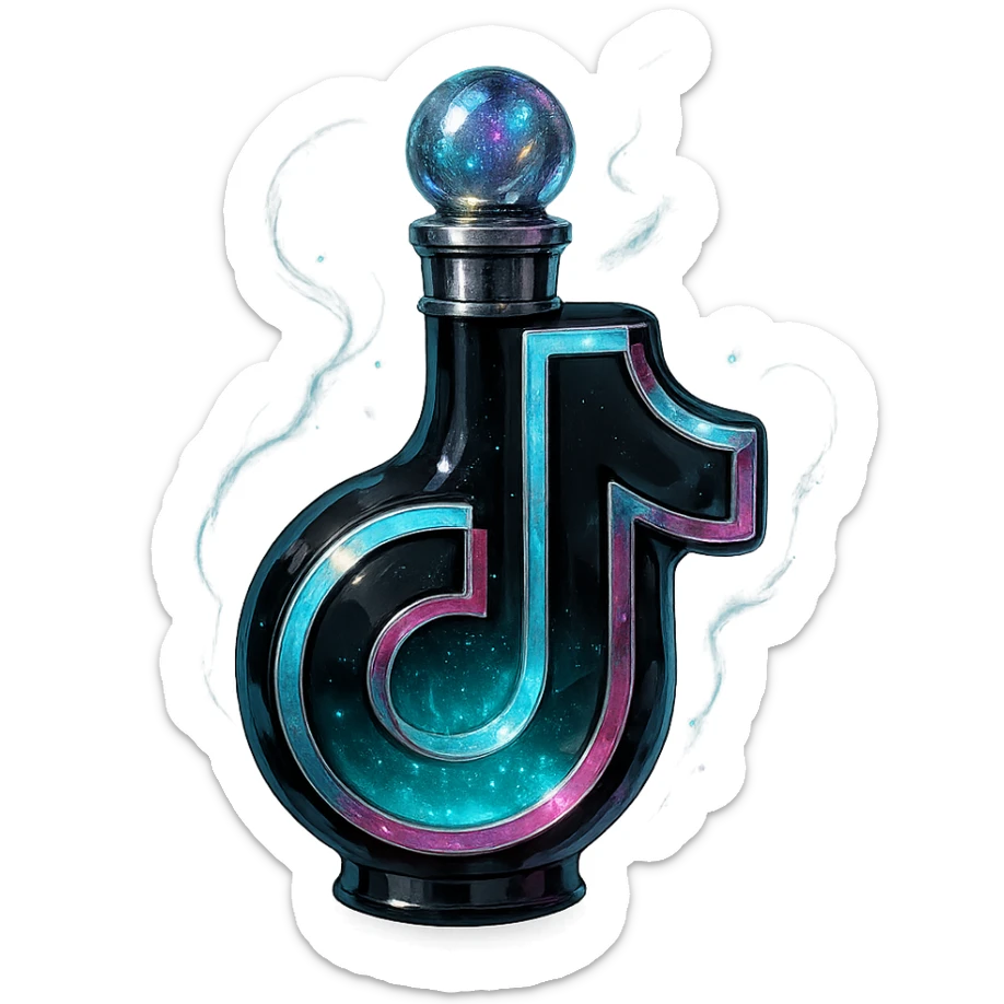 prabangus eliksyro buteliukas, TikTok logotipo forma, juoda ir žydra su rožiniais akcentais, sidabrinės ir holografinės detalės, daug magiškų efektų, labai mažas kaklelis, vientisas dugnas, skaidrus fonas, buteliukas plūduriuoja ore, be pagrindo ar šešėlio, modernus, kolekcijai tinkamas sticker