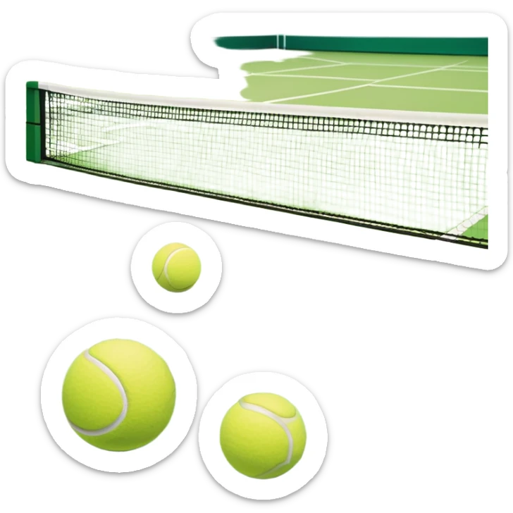 A tennis court with perfectly marked lines and a tennis ball resting near the baseline. The scene highlights the open space of the court, with a net dividing the two sides, capturing the focus and athleticism of the sport. sticker