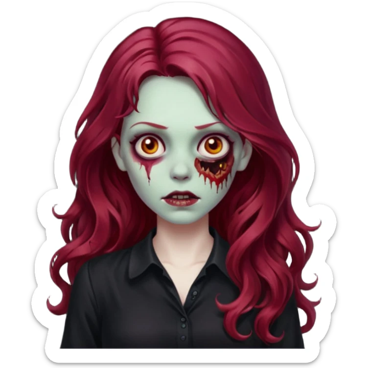 Faça me um emoji de um zumbi mulher de cabelos vermelho borgonha longos ondulado usando uma blusa preta sticker
