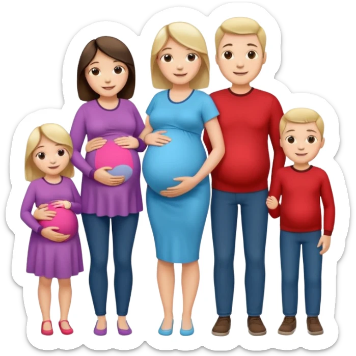 I want a couple. Only the wife is pregnant. Both the husband hand wife family are stand behind them. No kids sticker